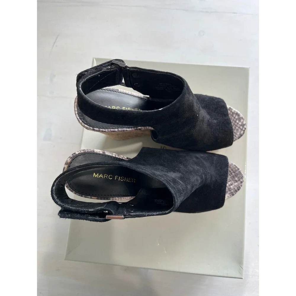 Marc Fisher‎ Black Suede Peep Toe Espadrille Wedge Sandals Size 6.5M
